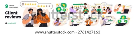 Customer feedback, client review concept set. People rate experience, satisfaction with business, service. Sharing opinion, giving star, ranking. Flat vector illustration isolated on white background