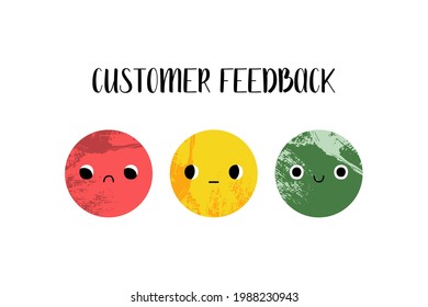 Comentarios de los clientes. Evaluación de la satisfacción del cliente. Carácter circular kawaii lindo con varias caras, las emociones escalan. Experiencia de usuario positiva, neutral y negativa. Ilustración de dibujos animados planos vectoriales