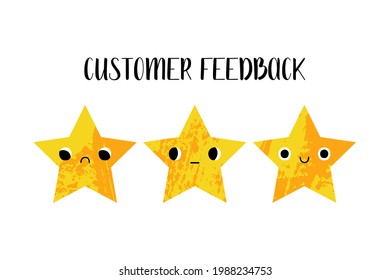 Customer feedback. Client satisfaction assessment. Cute kawaii star character with various faces, emotions scale. Positive, neutral, negative user experience. Vector flat cartoon illustration