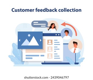 Customer Feedback Collection. An illustrative representation of customer insights being integrated into business strategy for enhanced user satisfaction and brand growth. Flat vector illustration.