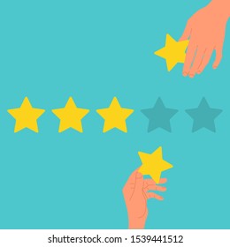 Customer feedback concept art, human hands hold yellow rating stars. Blue background. Flat style stock vector illustration.