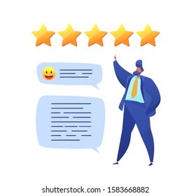 Customer feedback concept with business man rating product or service with big golden stars, sharing positive experience in product review, giving thumbs up. Vector customer satisfaction and loyalty