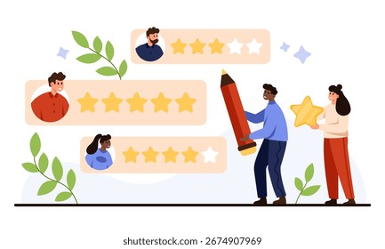 Concepto de Comentarios Cliente con diversos servicios de calificación de personas usando estrellas, sosteniendo el lápiz y la estrella, perfecto para la revisión, evaluación, satisfacción, mejora del negocio, aislado sobre fondo blanco