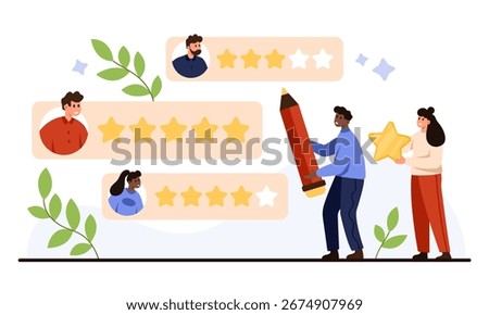 Customer feedback concept with diverse people rating services using stars, holding pencil and star, perfect for review, evaluation, satisfaction, business improvement, isolated on white background