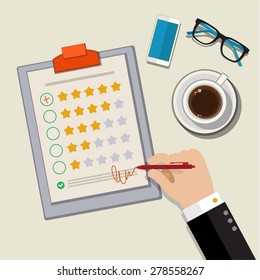 Customer feedback concept. Hand checking excellent mark in a survey. Flat design vector illustration
