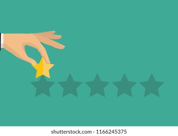 Customer feedback concept. Hand pointing rating golden stars. Feedback, icon. Vector Illustration