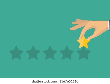 Customer feedback concept. Hand pointing rating golden stars. Feedback, icon. Vector Illustration