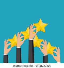 Customer feedback concept. Hand pointing rating golden stars. Feedback, icon. Vector Illustration