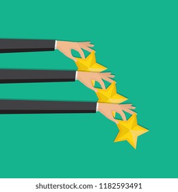 Customer feedback concept. Hand pointing rating golden stars. Feedback, icon. Vector Illustration