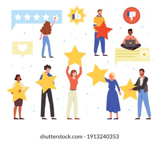 Customer Feedback Concept. Joyful And Upset Customers Are Staring In Satisfaction Surveys. Flat Cartoon Vector Illustration.