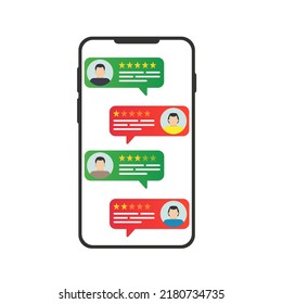 Customer feedback concept on phone, people giving five star rating and review, positive feedback, user experience, rating. Vector illustration