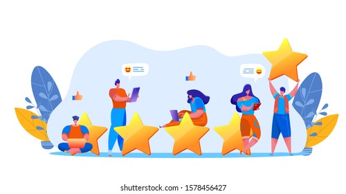 Customer feedback concept with people rating product or service with sitting at stars, sharing positive experience via messages in social networks with emoji. Vector customer satisfaction and loyalty.