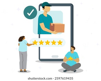 Customer feedback concept. People rating  five stars to delivering box by the courier. Assessment, review, customer experience, satisfaction. 