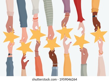 Customer feedback concept. Rating concept. Hand giving a star to another hand.Customer service.Opinion and evaluation of the consumer or customer on quality and assistance.Rating.Survey