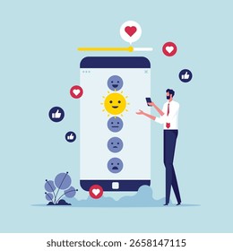 Concepto de Comentarios Cliente, nivel de satisfacción Cliente, calificación de Comentarios con emociones buenas y malas, el hombre usa el teléfono inteligente para la medición de la puntuación de crédito o satisfacción