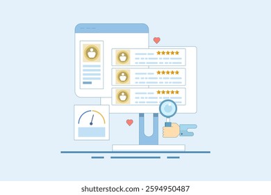 Customer Feedback Concept Sharing feedback online, Online customer survey, Customer experience of products and services. Positive feedback. Flat vector illustration on background.