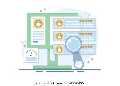 Customer Feedback Concept Sharing feedback online, Online customer survey, Customer experience of products and services. Positive feedback. Flat vector illustration on background.