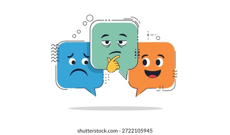 Concepto de Comentarios Cliente con tres burbujas de discurso que muestran caras de dibujos animados tristes, neutrales y felices para calificar la satisfacción.