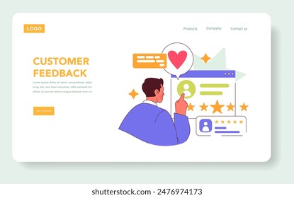 Kunde Rückmeldung Konzept. Ein Nutzer bewertet einen Dienst online, was Zufriedenheit und Engagement symbolisiert. Interaktives Browserfenster mit Sternen und Kommentaren. Vektorillustration.
