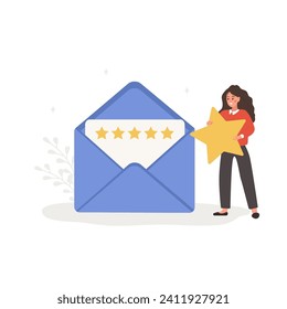 Customer feedback concept. Woman holding huge star. User giving five stars rating. Envelope with client review. Positive response. Vector illustration in flat cartoon style.