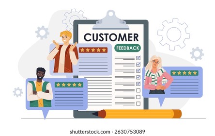 Customer feedback concept. Young girl reading clients reviews at computer screen. Ranking and rating on internet. Online marketing. Users opinion. Flat vector illustration