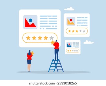 Conceito de feedback do cliente, empresários usam take star para pontuação de crédito ou medição de satisfação, feedback star rating ilustração vetor design plano