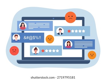 Concepto de Comentarios Cliente, la mujer usa el teléfono inteligente para medir la puntuación de crédito o la satisfacción, nivel de emoji de nivel de satisfacción Cliente Calificación de estrella de Comentarios con emociones buenas y malas.
