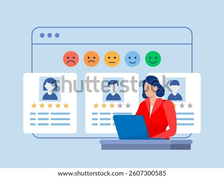 Customer feedback concept,woman use smart phone for Credit score or satisfaction measurement, customer satisfaction level emoji level. feedback star rating with good and bad emotions. 
