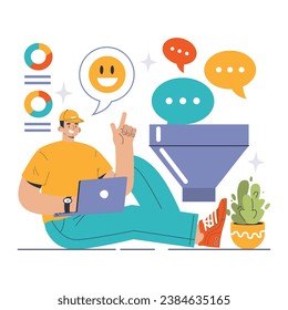 Comentarios de los clientes. Los consumidores revisan el intercambio público. Compartir la evaluación de los bienes y servicios adquiridos en aplicaciones móviles o blogs de medios sociales, dejando un comentario. Ilustración vectorial plana