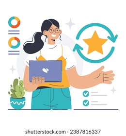 Customer feedback. Consumer reviews public exchange. Sharing assessment of a purchased goods and services in mobile app or social media blog, leaving a comment. Flat vector illustration