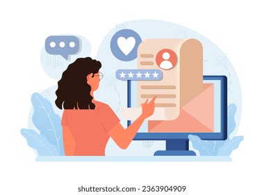 Comentarios de los clientes. Los consumidores revisan el intercambio público. Compartir una evaluación de bienes y servicios comprados en una aplicación móvil o un blog de medios sociales, dejando comentarios anónimos. Ilustración vectorial plana