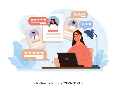 Customer feedback. Consumers reviews public exchange. Sharing a purchased goods and services assessment in mobile app or social media blog, leaving anonymous feedback. Flat vector illustration