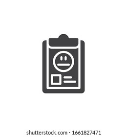 Customer feedback document vector icon. filled flat sign for mobile concept and web design. Clipboard with Feedback Emoticon glyph icon. Symbol, logo illustration. Vector graphics