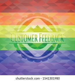 Customer Feedback emblem on mosaic background with the colors of the LGBT flag