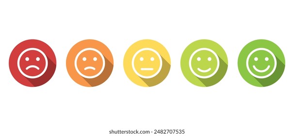 Icono de emoji de Comentarios Cliente con sombra larga. Cinco conceptos de revisión de nivel facial