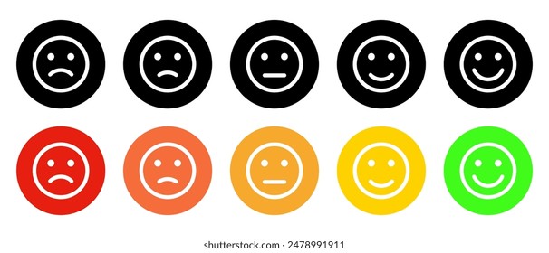 Customer feedback emoji icon on circle background. Five facial level review concept