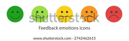 Customer feedback emoji rating scale with colorful smiley faces vector icon set isolated on transparent background