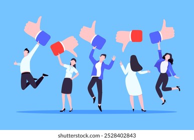 Customer feedback, employee or client satisfaction rating review with good or bad symbols - thumb up and down business concept vector illustration. Positive and negative feedback and evaluation