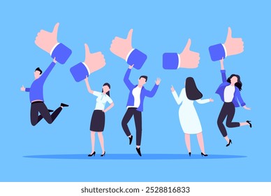 Kundenfeedback, Bewertung der Mitarbeiter- oder Kundenzufriedenheit mit guten Symbolen - Thumb-up-Geschäftskonzept, Vektorgrafik. Positives Feedback und Evaluation wie Konzept.