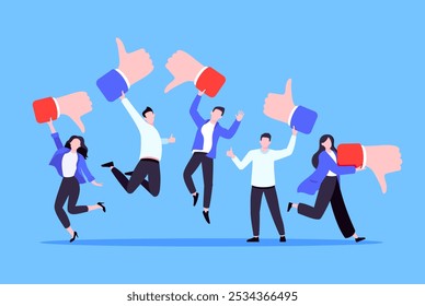 Customer feedback, employee or client satisfaction rating review with good or bad symbols - thumb up and down business concept vector illustration. Positive and negative feedback and evaluation