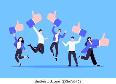 Customer feedback, employee or client satisfaction rating review with good symbols - thumb up business concept vector illustration. Positive feedback and evaluation like concept.