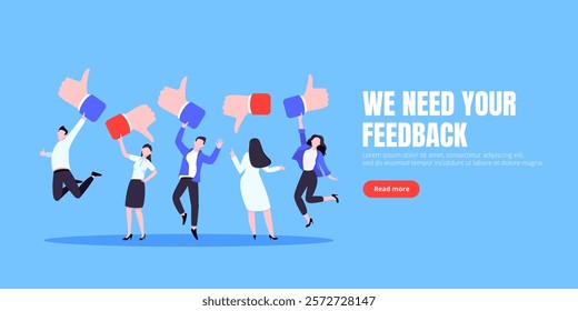 Customer feedback, employee or client satisfaction rating review with good or bad symbols - thumb up and down business concept vector illustration. Positive and negative feedback and evaluation