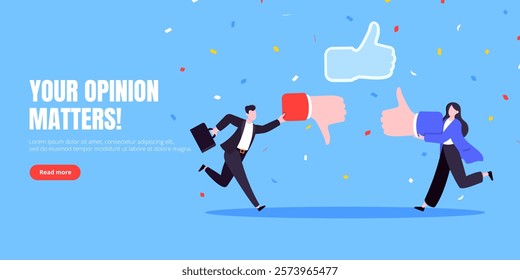 Customer feedback, employee or client satisfaction rating review with good or bad symbols - thumb up and down business concept vector illustration. Positive and negative feedback and evaluation