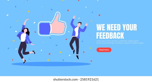 Customer feedback, employee or client satisfaction rating review with good symbols - thumb up business concept vector illustration. Positive feedback and evaluation like concept.