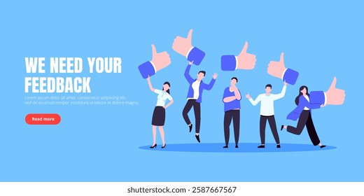 Customer feedback, employee or client satisfaction rating review with good or bad symbols - thumb up and down business concept vector illustration. Positive and negative feedback and evaluation