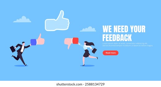 Customer feedback, employee or client satisfaction rating review with good or bad symbols - thumb up and down business concept vector illustration. Positive and negative feedback and evaluation
