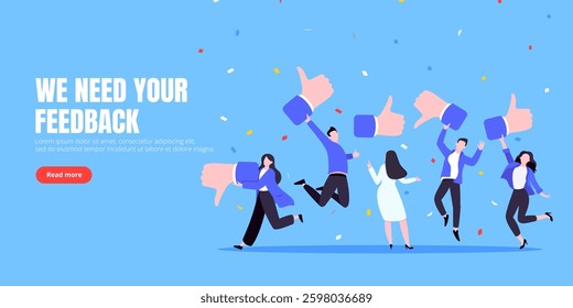 Customer feedback, employee or client satisfaction rating review with good or bad symbols - thumb up and down business concept vector illustration. Positive and negative feedback and evaluation