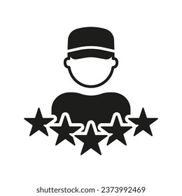Customer Feedback, Employee with Five Stars Solid Sign. Client Satisfaction Symbol. Delivery Man Review Silhouette Icon. Courier Rating Glyph Pictogram. Isolated Vector Illustration.