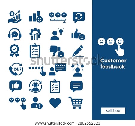 Customer Feedback and Customer Experience Icons Set Black Solid Vector Collection for Reviews, Surveys, Ratings, CRM and Support