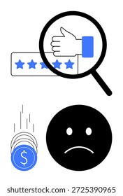 Comentarios de Clientes, problemas financieros, revisiones de consumidores, calificaciones de servicios en línea, concepto de insatisfacción, desafíos comerciales. Pulgares hacia arriba bajo la lupa, monedas que caen cara triste. Cliente